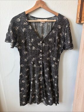 Black Button-Front Mini Dress with Cream Floral Print